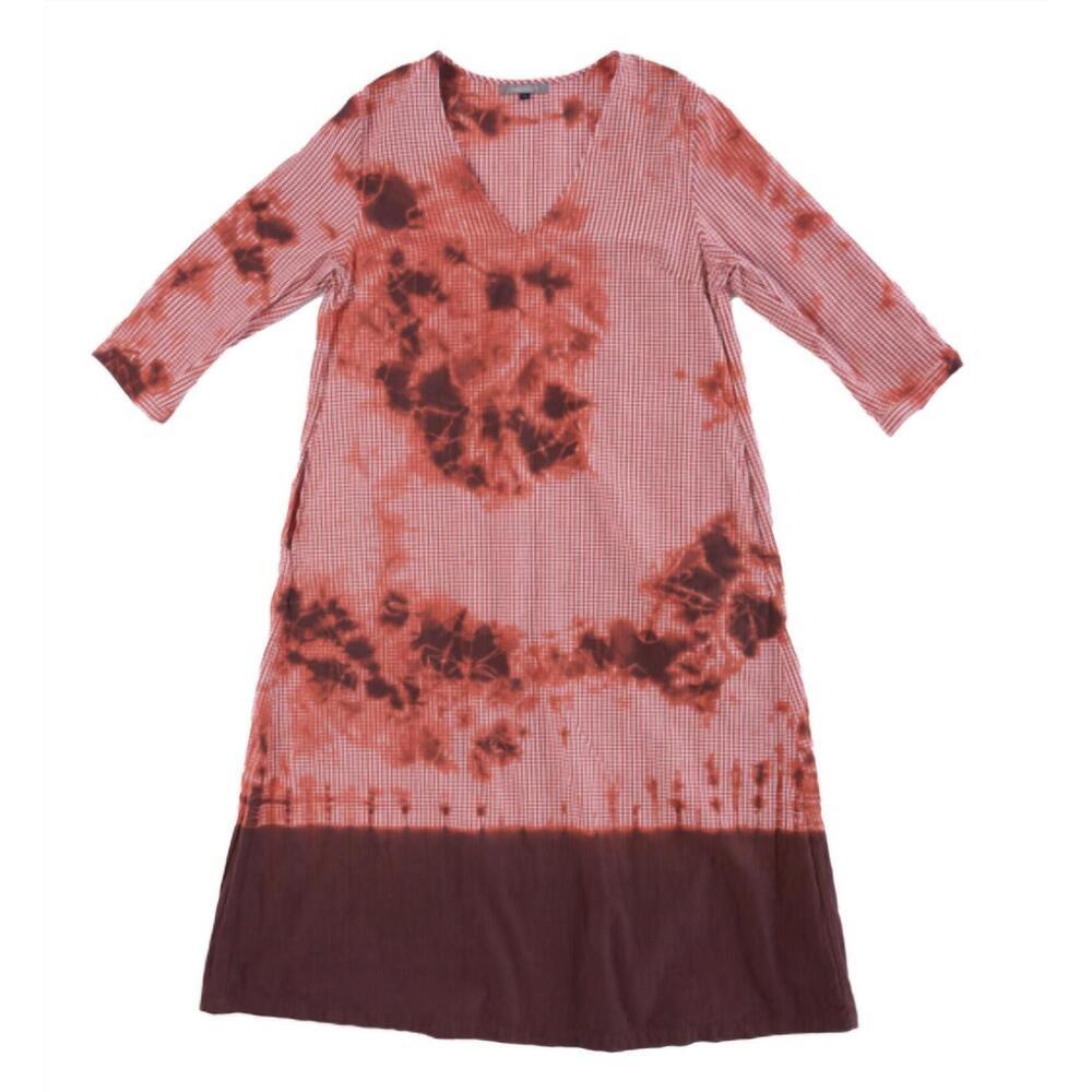 NEW SUZUSAN women's cotton gingham check 3/4 sleeve v neck dress in bordeaux / r